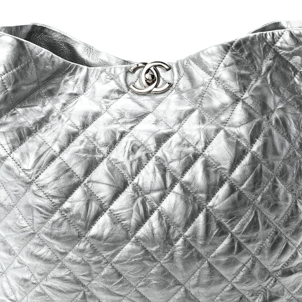 Metallic Crackled Calfskin Quilted Large Big Bang Hobo Silver