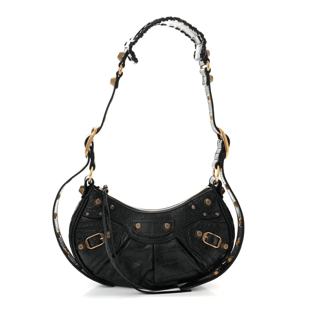 Extra Supple Calfskin Crocodile Embossed Le Cagole Shoulder Bag XS Black
