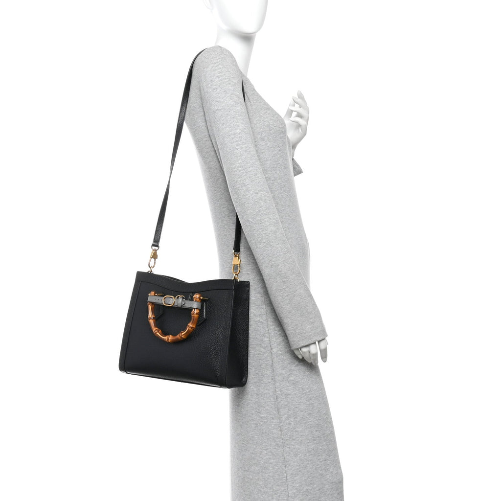 Textured Dollar Calfskin Web Small Diana Tote Bag Black Dusty Grey