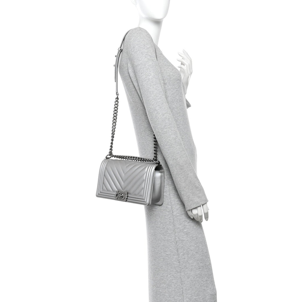 Metallic Caviar Chevron Quilted Medium Boy Flap Silver