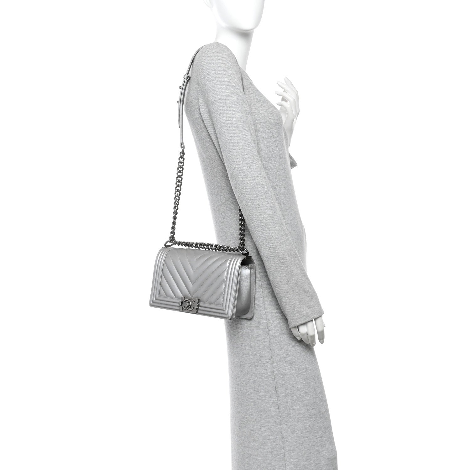 Metallic Caviar Chevron Quilted Medium Boy Flap Silver