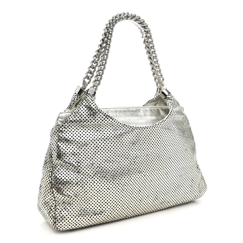 Metallic Glazed Calfskin Perforated Rodeo Drive Hobo Silver
