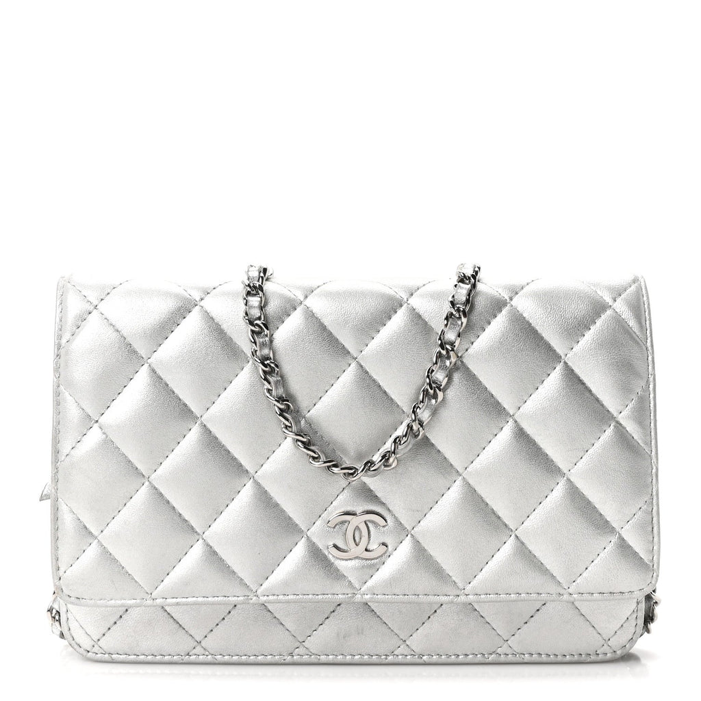Metallic Lambskin Quilted Wallet On Chain WOC Silver