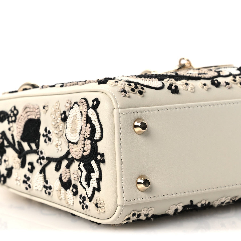 Smooth Calfskin Embroidered Beaded Floral Mini Lady Dior White Multicolor