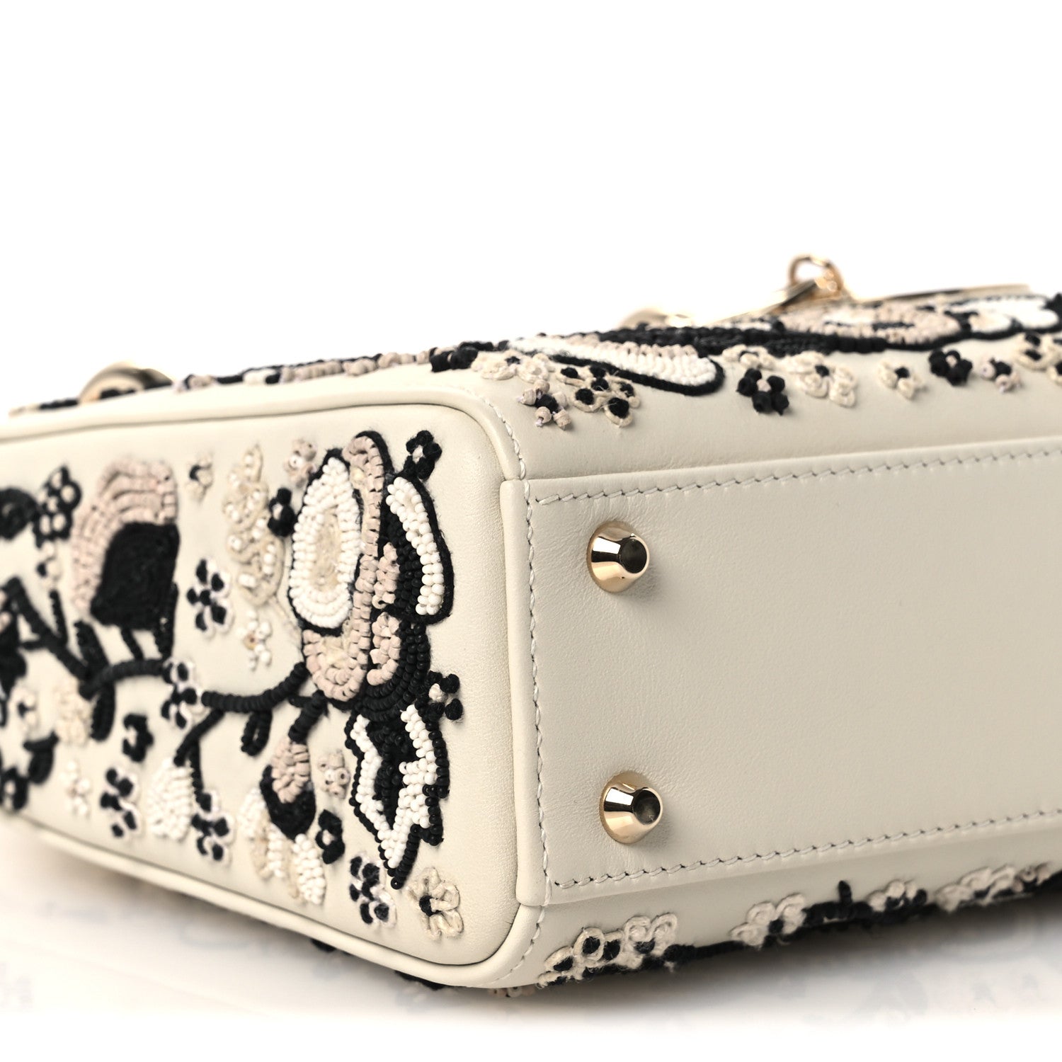 Smooth Calfskin Embroidered Beaded Floral Mini Lady Dior White Multicolor