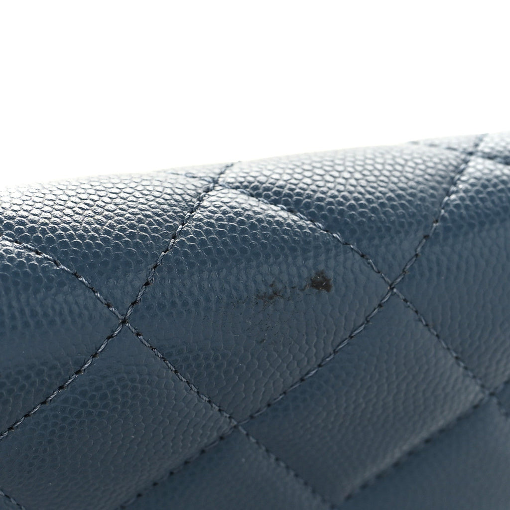Shiny Caviar Quilted Enamel CC Wallet On Chain WOC Blue