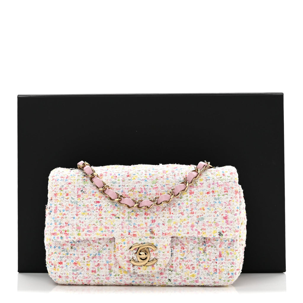 Tweed Sequin Quilted Mini Rectangular Flap White Pink Green Blue