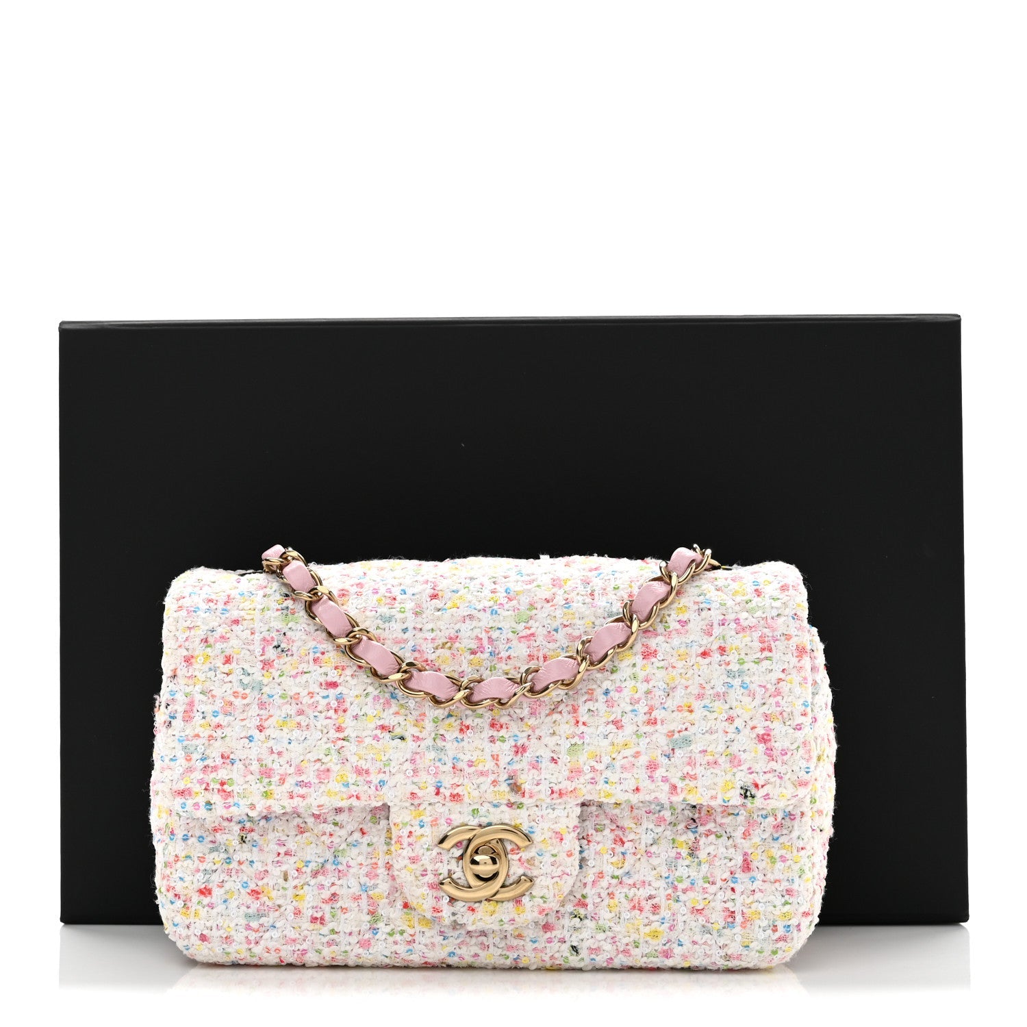 Tweed Sequin Quilted Mini Rectangular Flap White Pink Green Blue