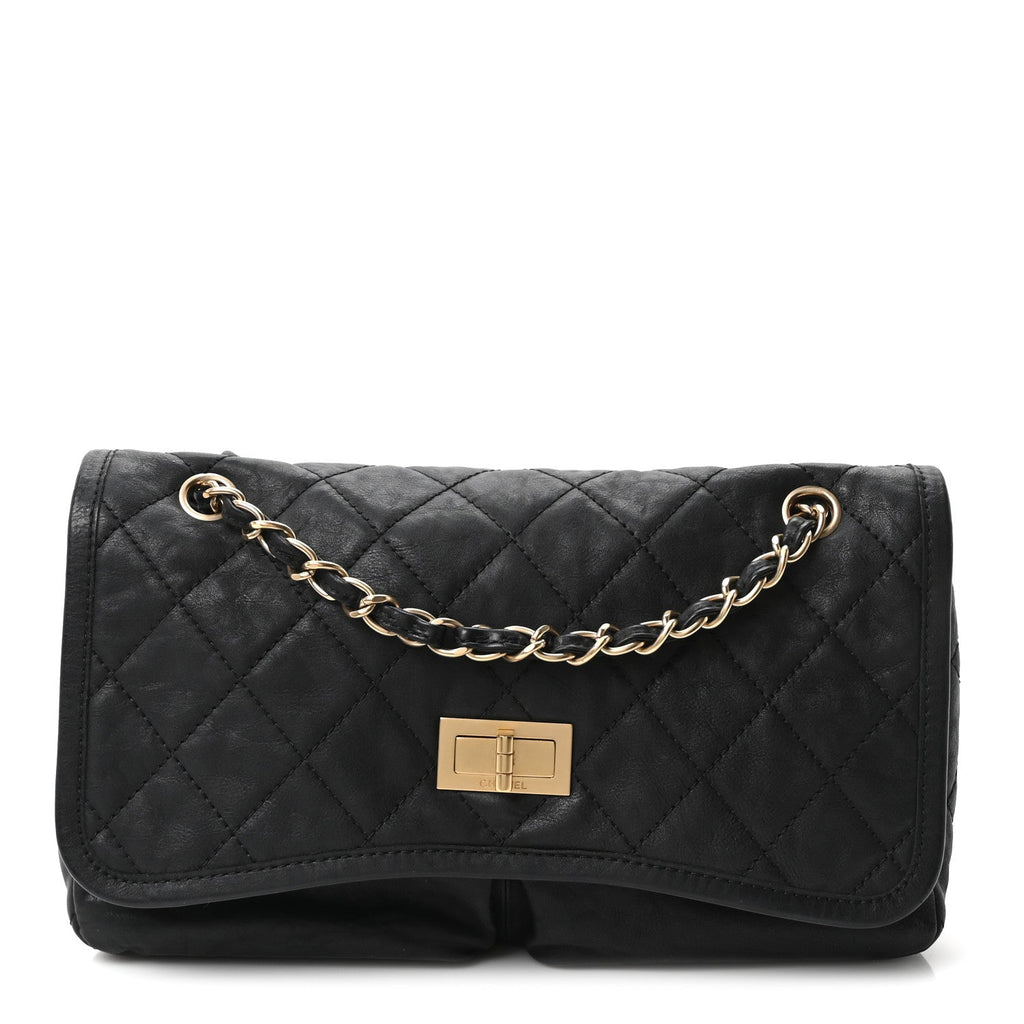 Aged Calfskin Quilted 2.55 Reissue Chain Flap  Black
