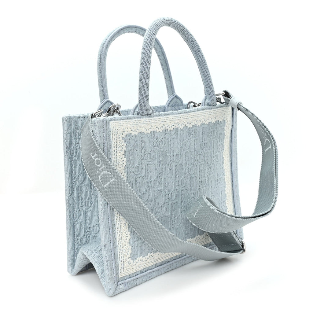 Oblique Embroidered Lace Dior Medallion Small Book Tote With Strap Celestial Blue White