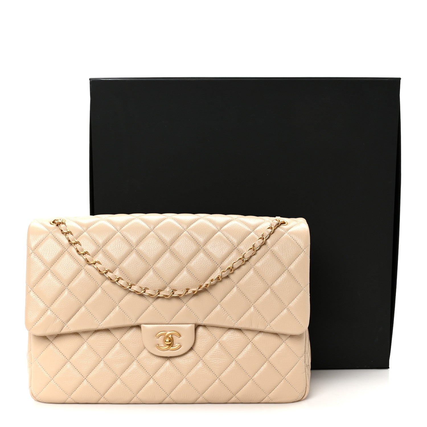 Grained Calfskin Quilted XXL Travel Flap Bag Beige