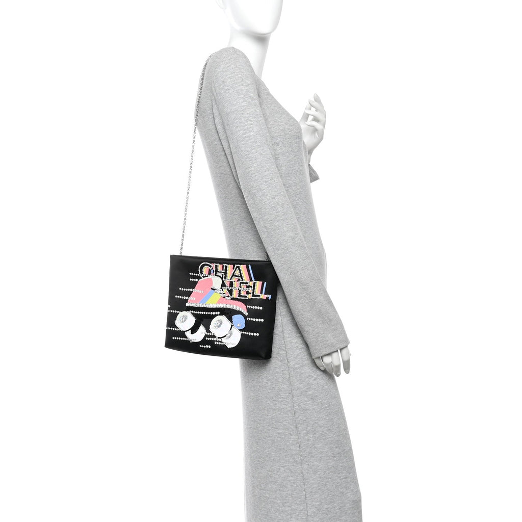 Satin Sequin Pearl Crystal Roller Skate Quilted Clutch With Chain Black Multicolor