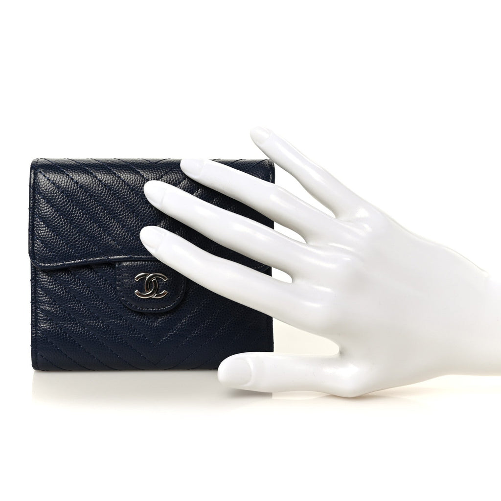 Caviar Chevron Quilted Compact Flap Wallet Navy