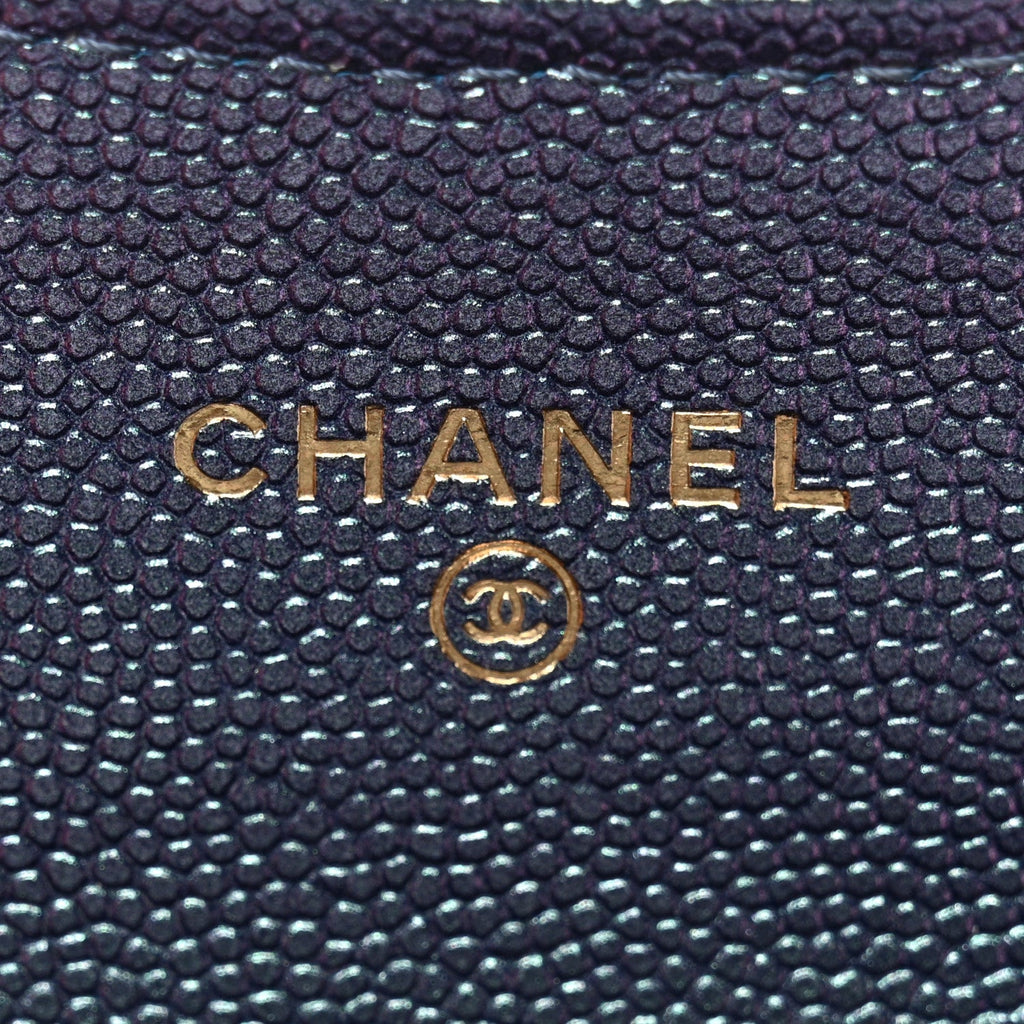 Iridescent Caviar Flap Quilted Card Holder Wallet Purple