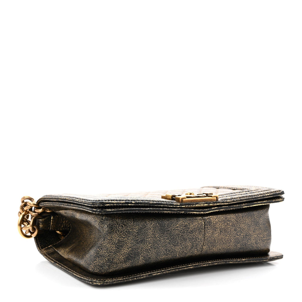 Cracked Metallic Calfskin Quilted Medium Boy Flap Gold
