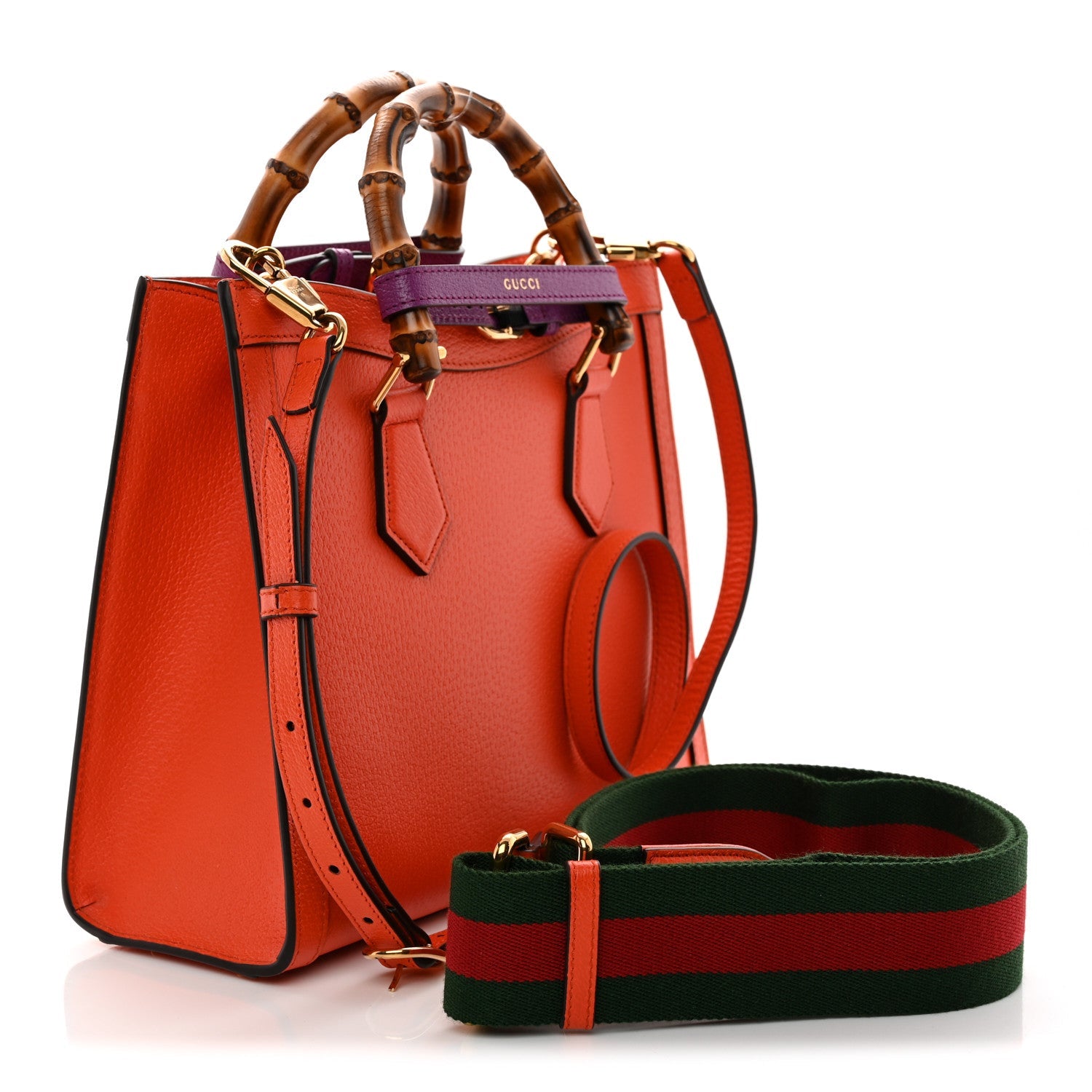Textured Dollar Calfskin Web Small Diana Tote Bag Deep Orange Spicy Cyclamin