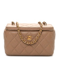 Lambskin Quilted Pearl Crush Small Vanity Case With Chain Beige