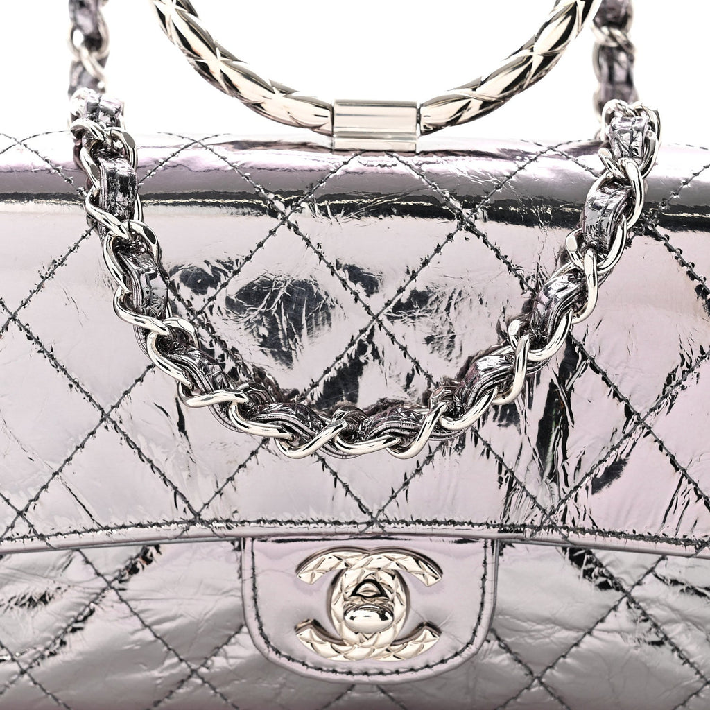 Crumpled Metallic Calfskin Quilted Ring Handle Mini Flap Silver
