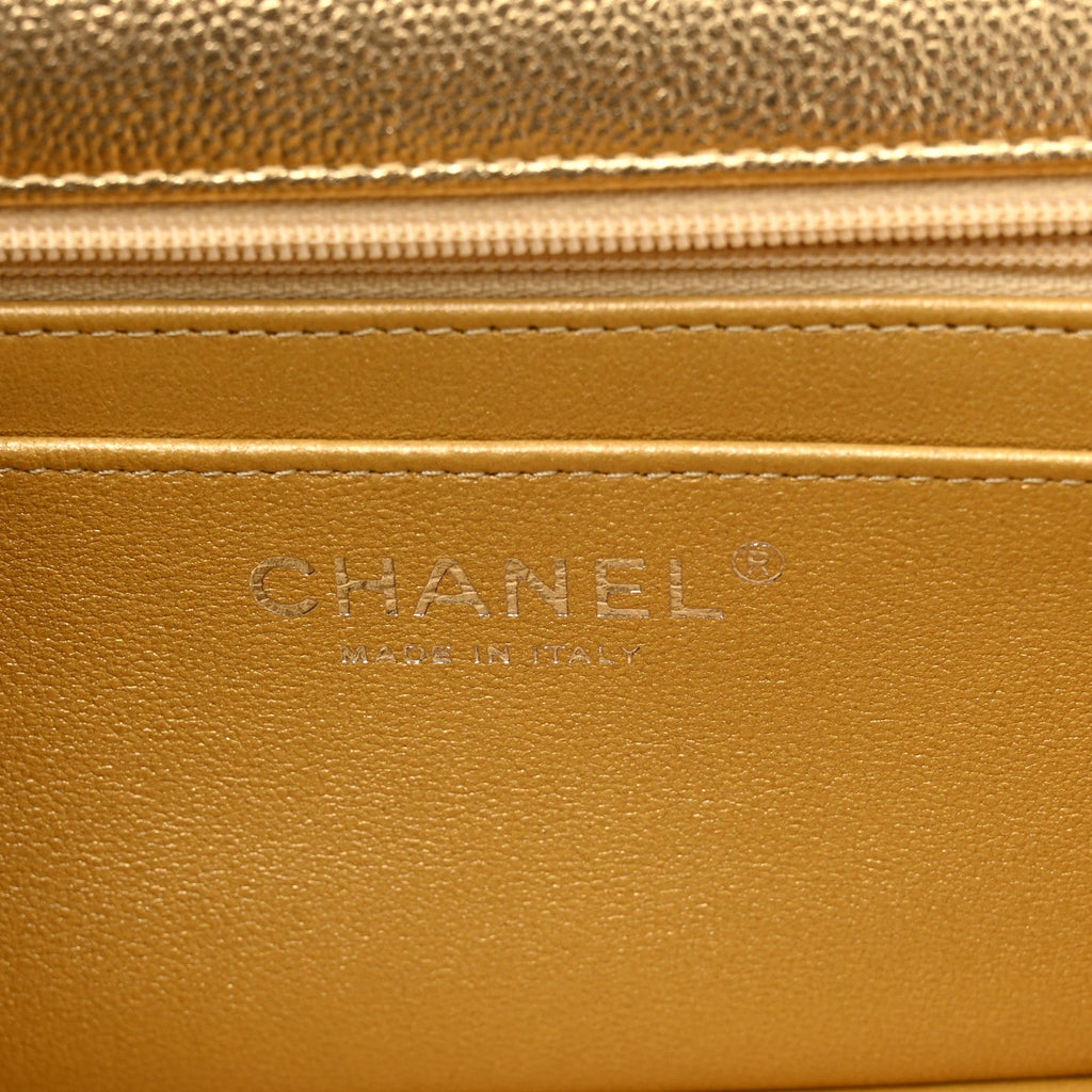 Metallic Caviar Quilted Top Handle East West Flap Gold