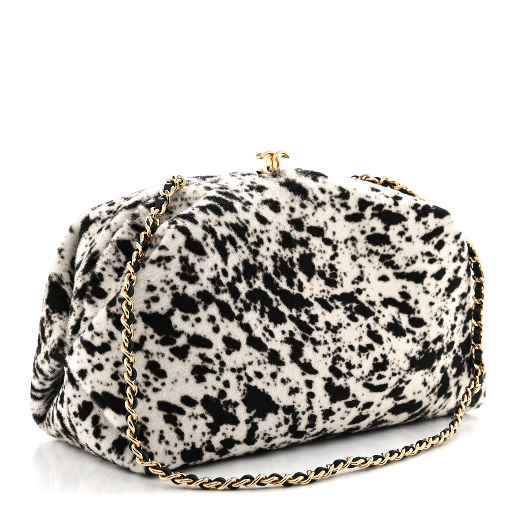 Pony Hair Printed Clutch With Chain Black White
