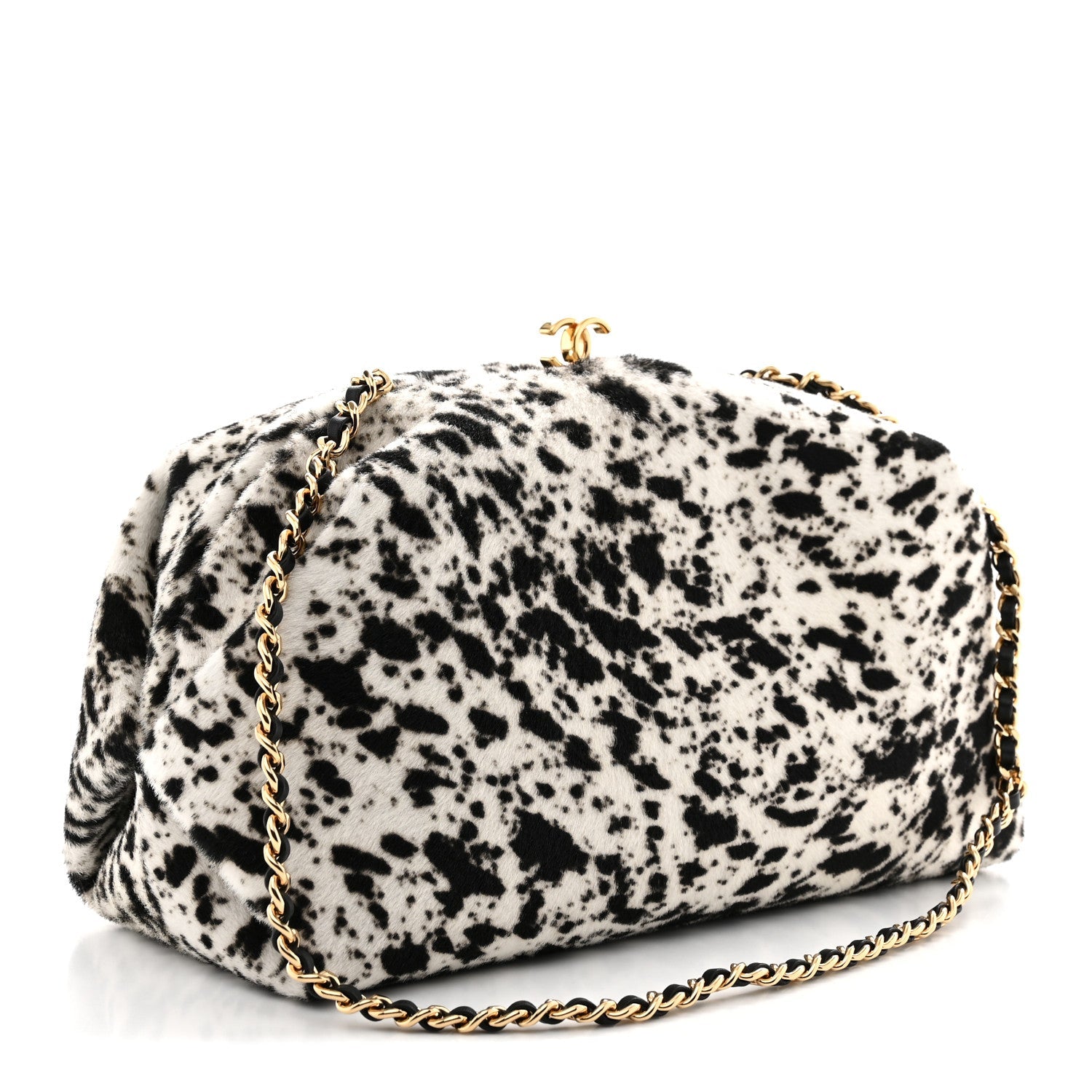 Lambskin Pony Hair Printed Clutch With Chain Black White