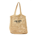 Yarn Raffia Effect Crochet Logo Embroidered Tote Bag Naturale