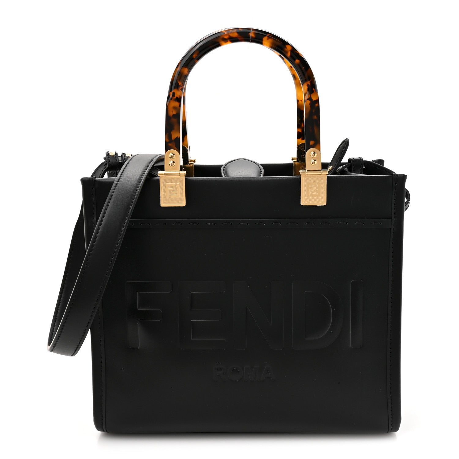 Vitello King Plexiglass Logo Embossed Small Fendi Sunshine Shopper Tote Black