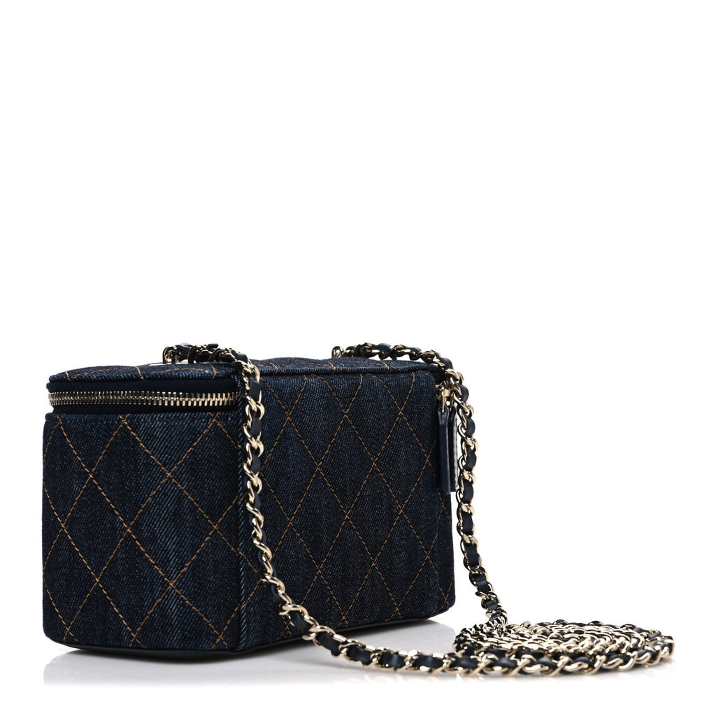 Denim Quilted Small Vanity Case With Chain Dark Blue Orange