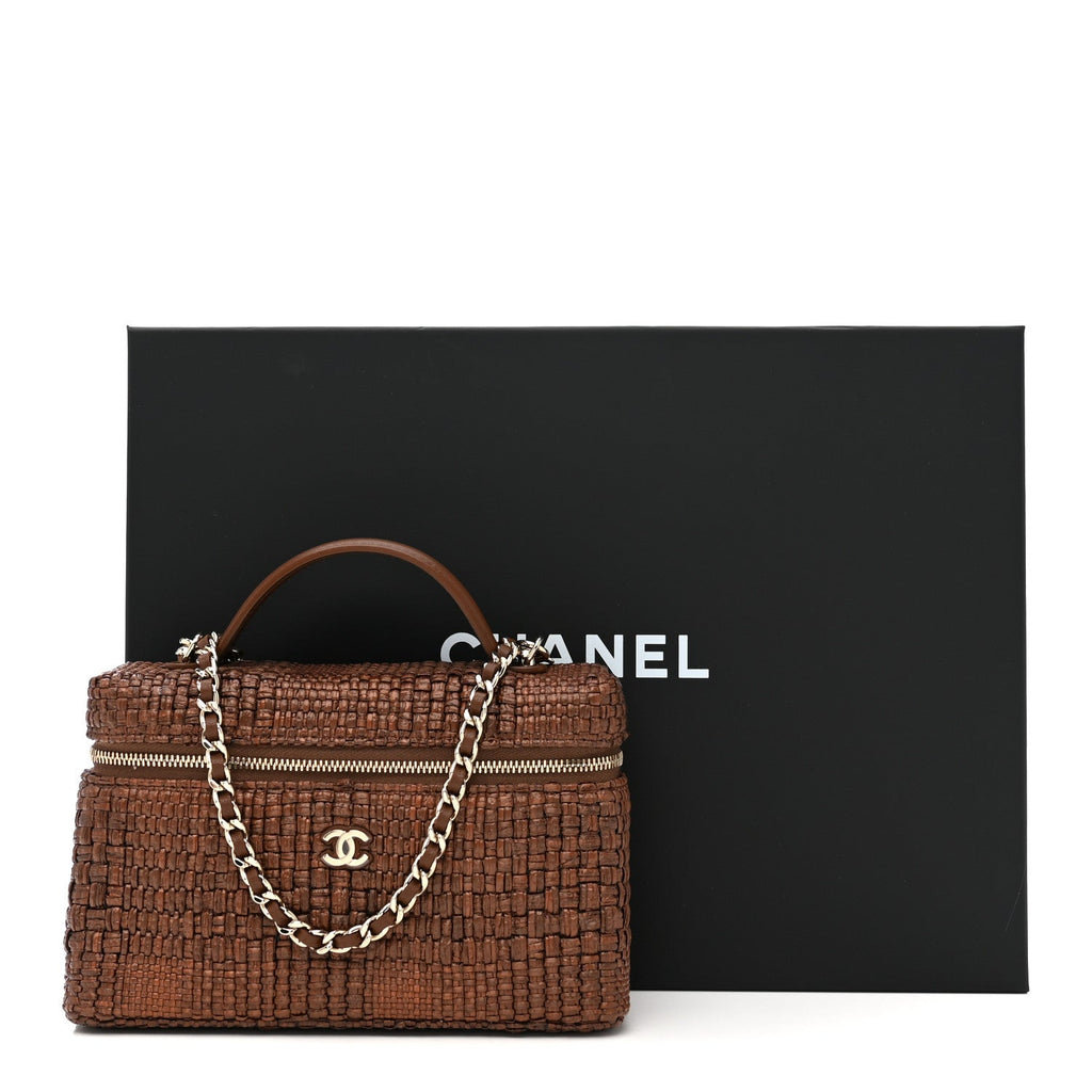 Braided Raffia Top Handle Slim Vanity With Chain Brown