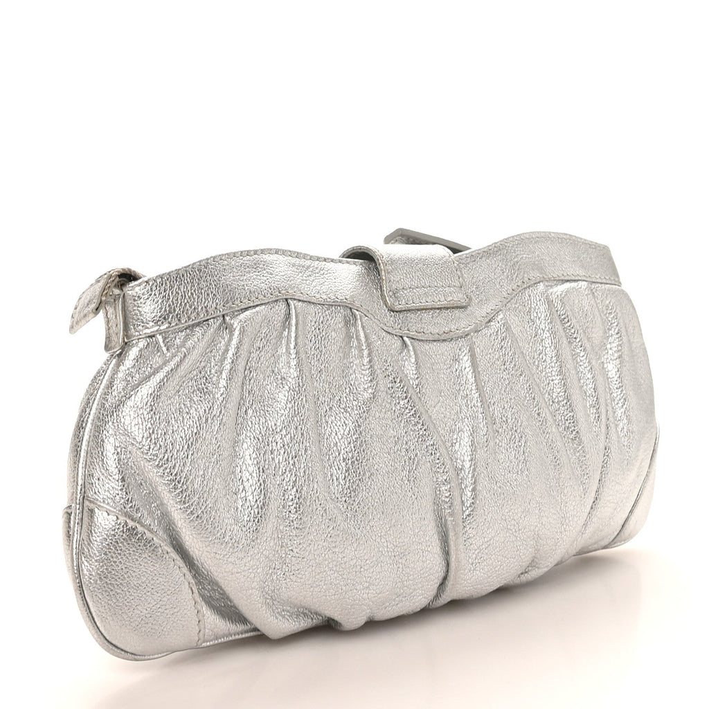 Metallic Calfskin Small Gancini Clutch Silver