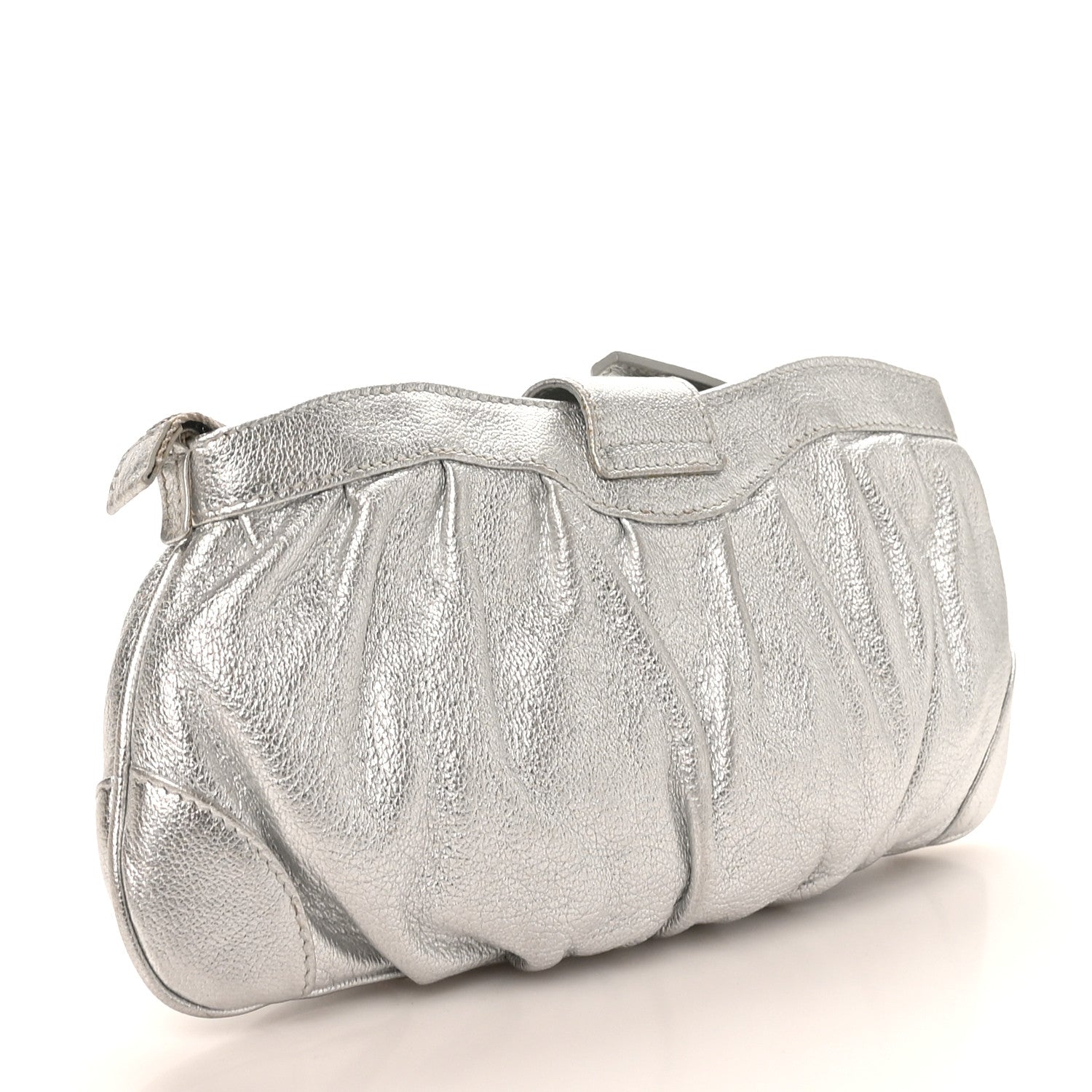 Metallic Calfskin Small Gancini Clutch Silver