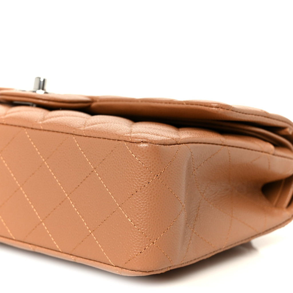 Caviar Quilted Medium Double Flap Light Brown