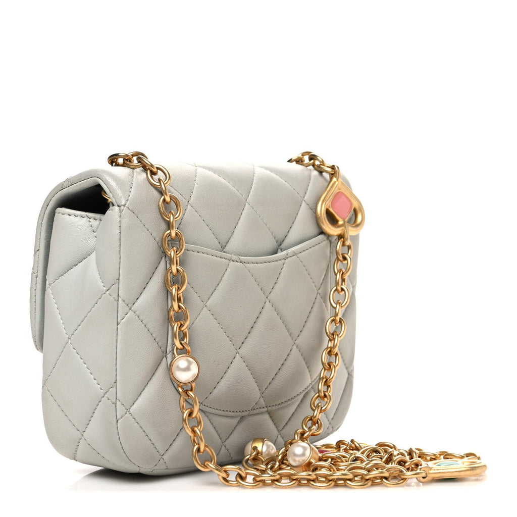 Lambskin Enamel Pearl Quilted Mini Charm Me Square Flap Light Blue