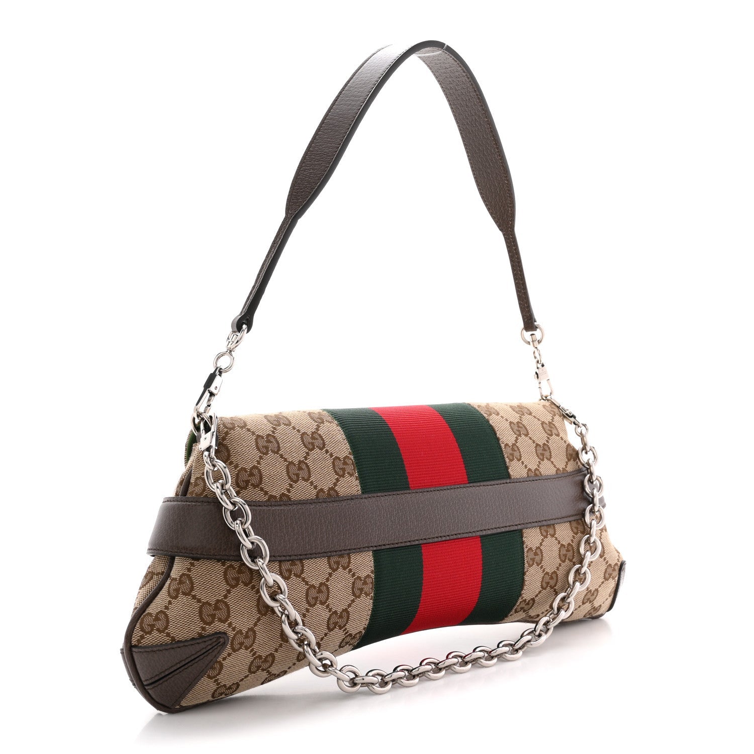 Monogram Textured Dollar Calfskin Heavy Grosgrain Web Medium Maxi Horsebit Chain Shoulder Bag Beige Ebony New Acero
