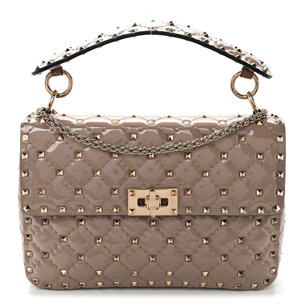 Patent Medium Rockstud Spike Shoulder Bag Poudre