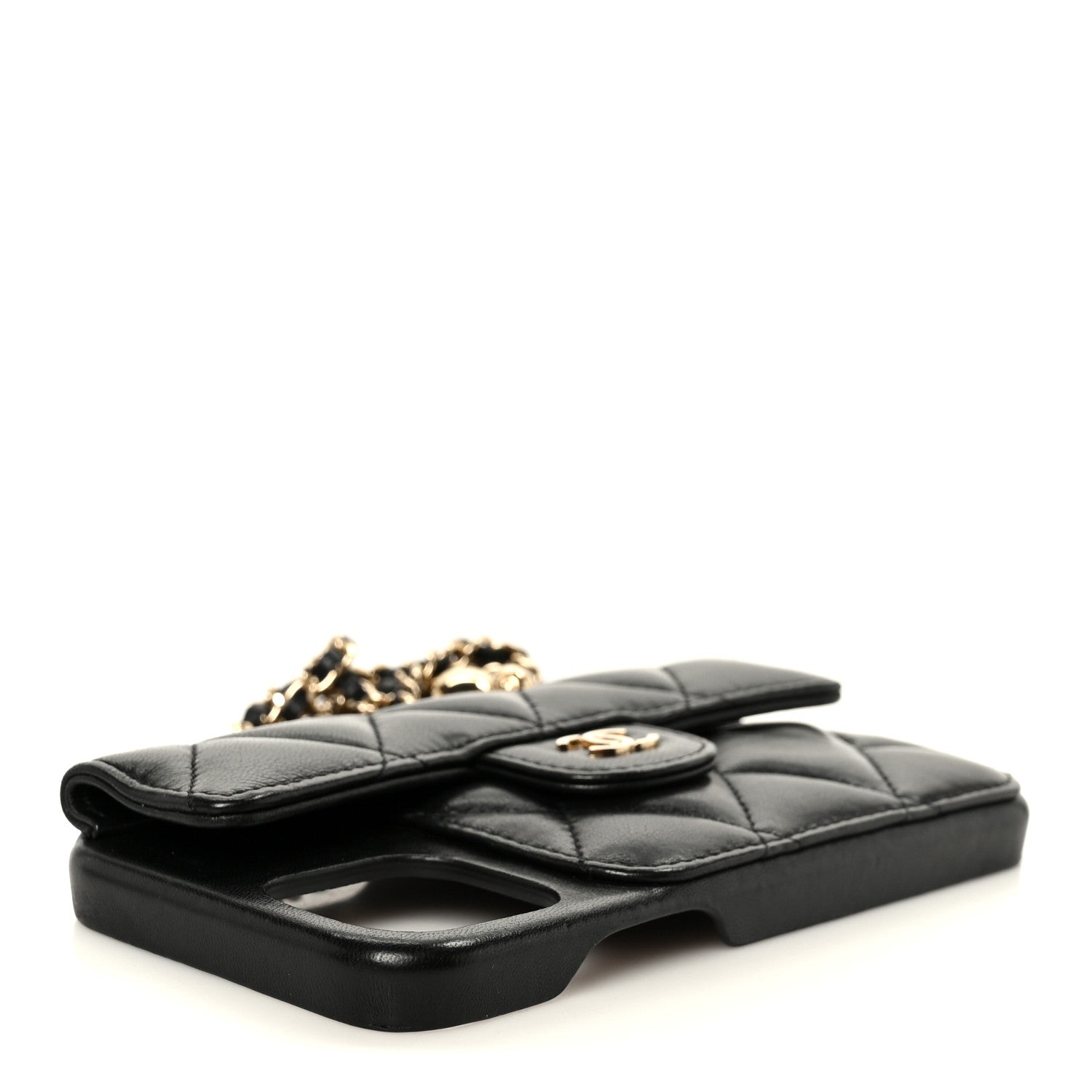 Lambskin Quilted Pearl Crush iPhone XII Pro Holder With Chain Black