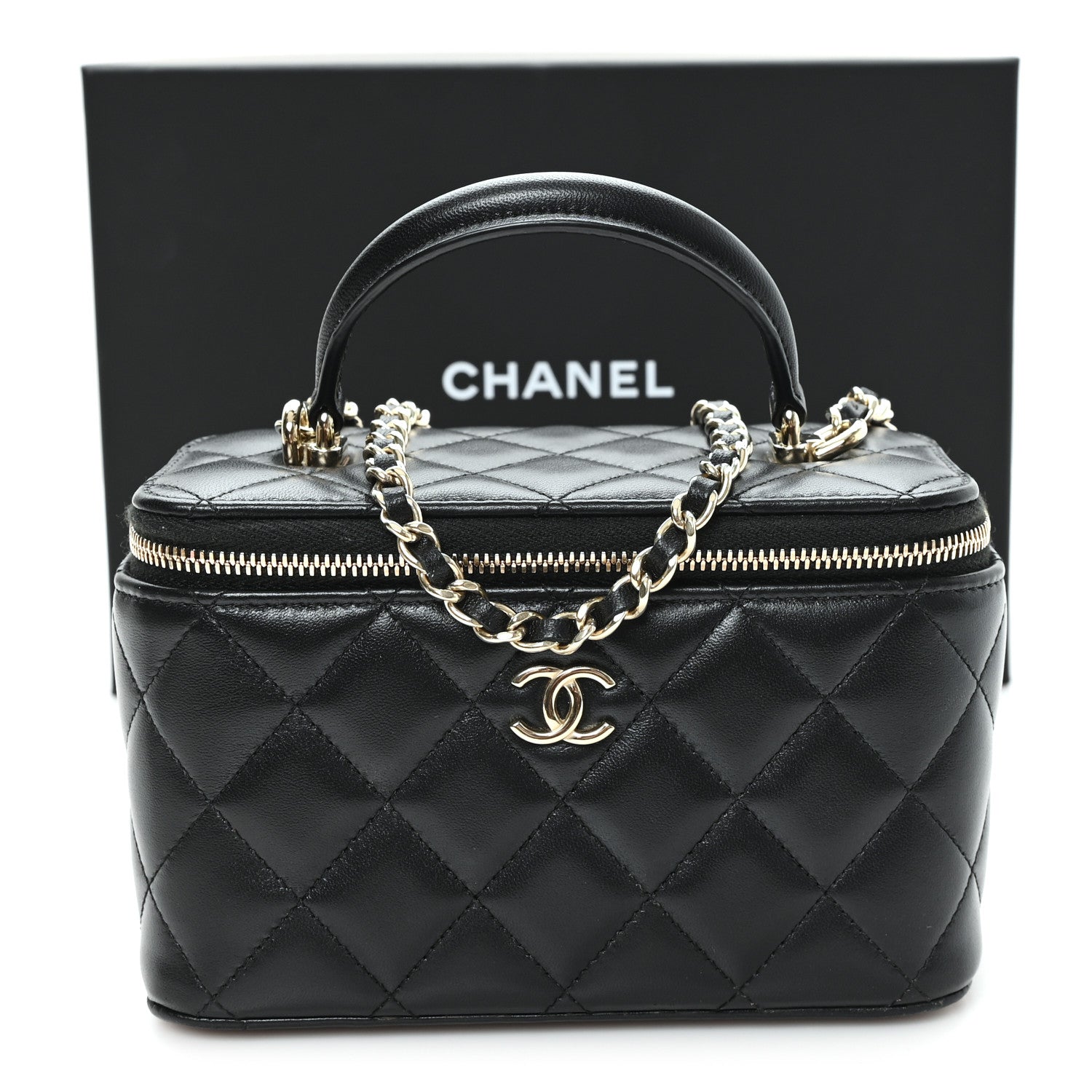 Lambskin Quilted Small Top Handle Vanity Case With Chain Black