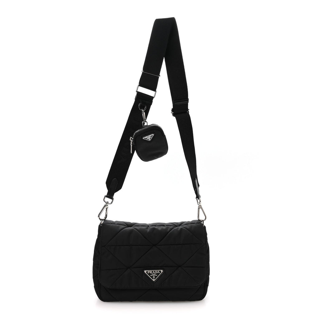 Re-Nylon Quilted Padded Flap Shoulder Bag Black