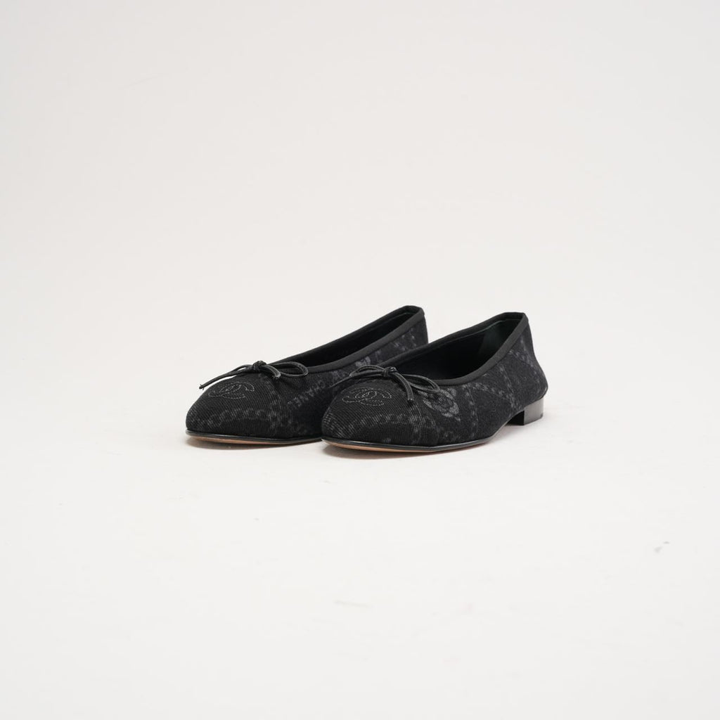 Chanel Black Printed Denim CC Cap Toe Ballet Flats 37.5