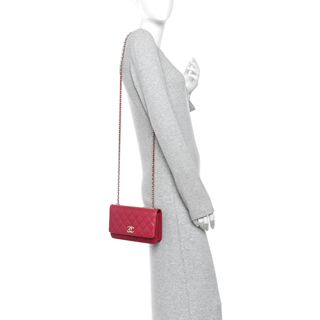 Lambskin Quilted Trendy CC Wallet On Chain WOC Dark Pink