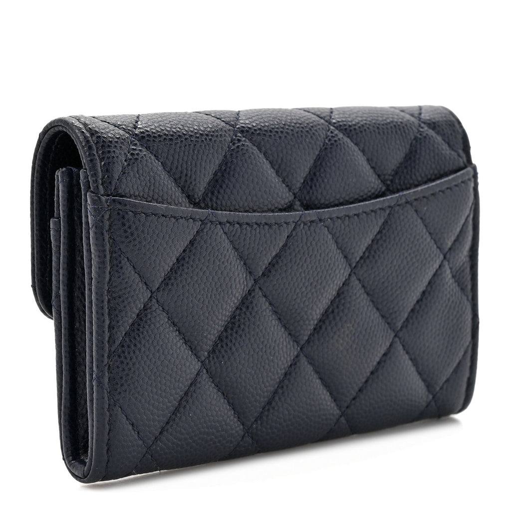 Caviar Quilted Flap Card Holder Wallet Navy Blue