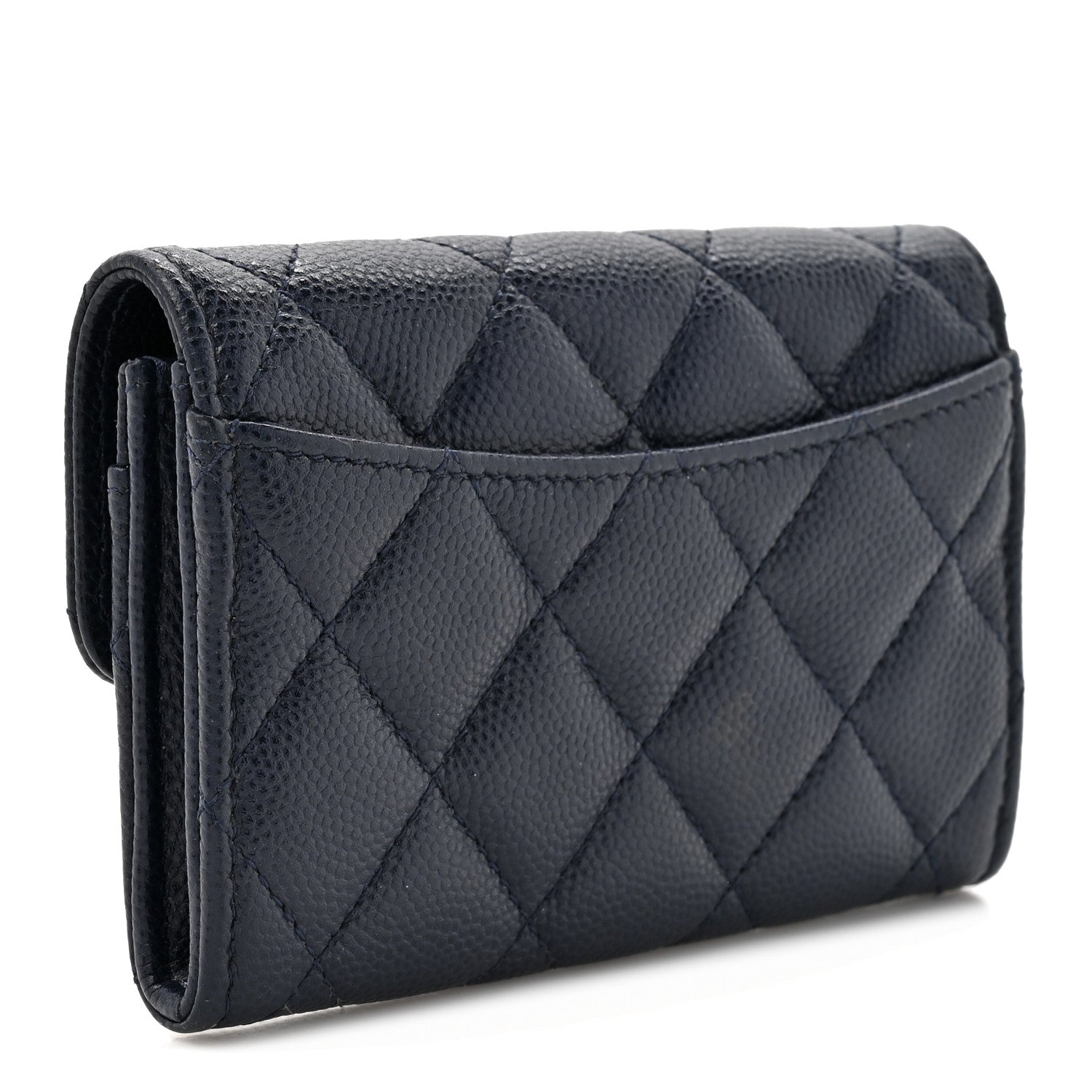 Caviar Quilted Flap Card Holder Wallet Navy Blue