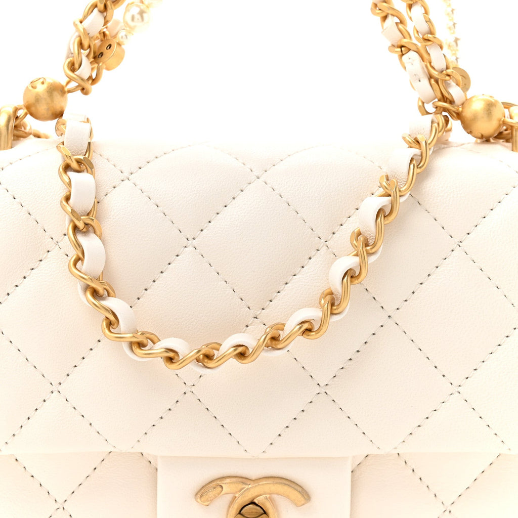 Shiny Lambskin Quilted Pearl Twist Mini Square Flap White
