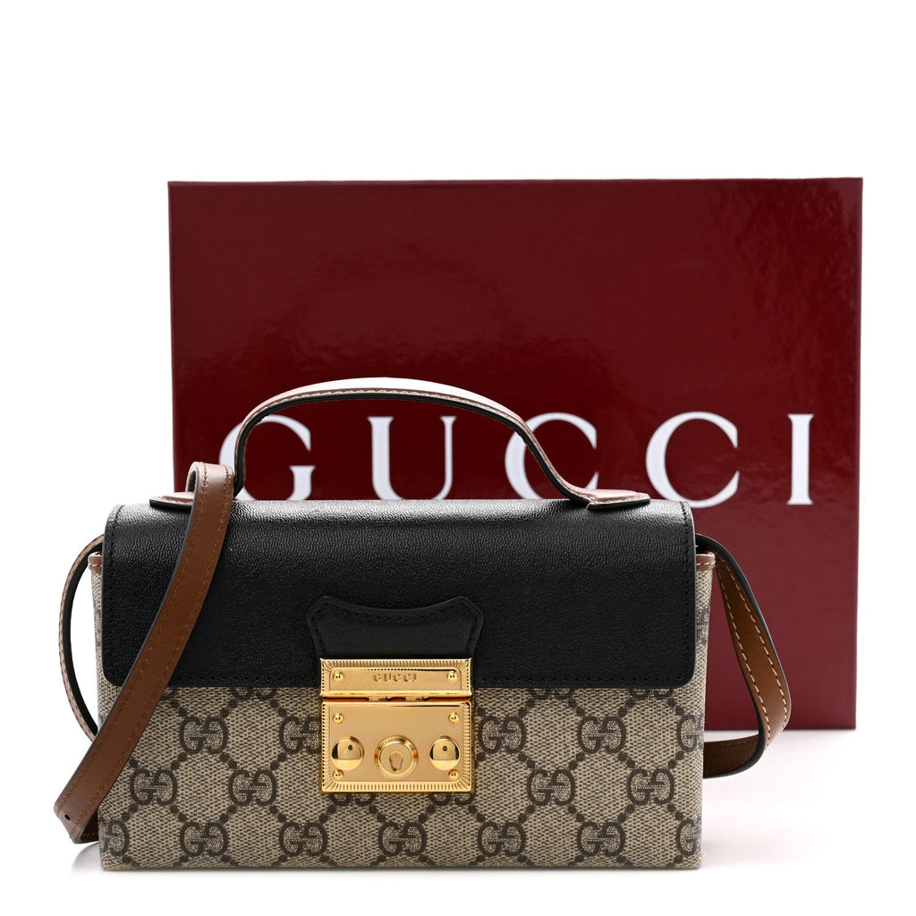GG Supreme Monogram Calfskin Mini Padlock Top Handle Shoulder Bag Beige Black Cuir