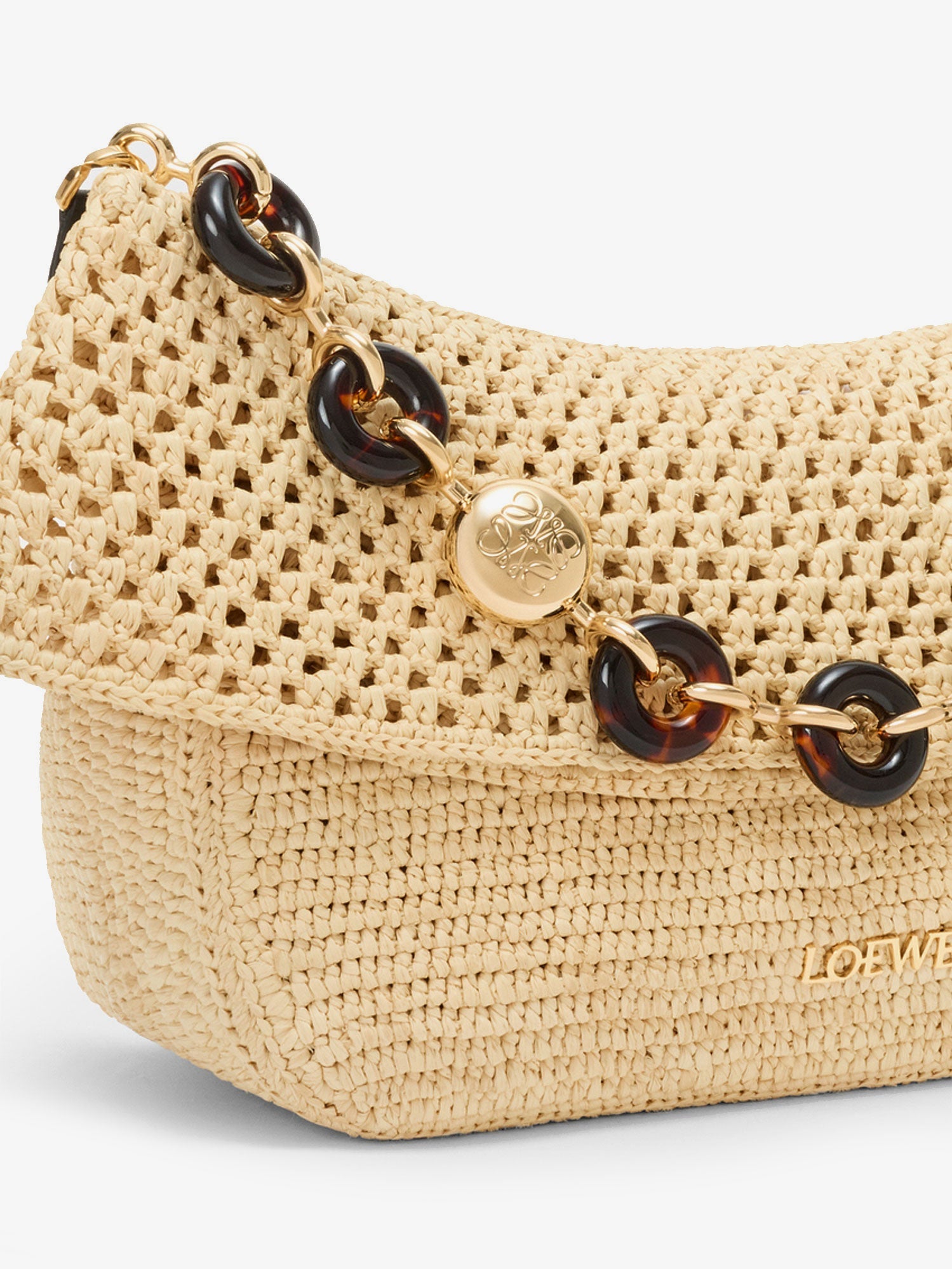 Loewe Women Paula's Ibiza -Ola Medium Raffia Shoulder Bag With Metal Logo Lettering