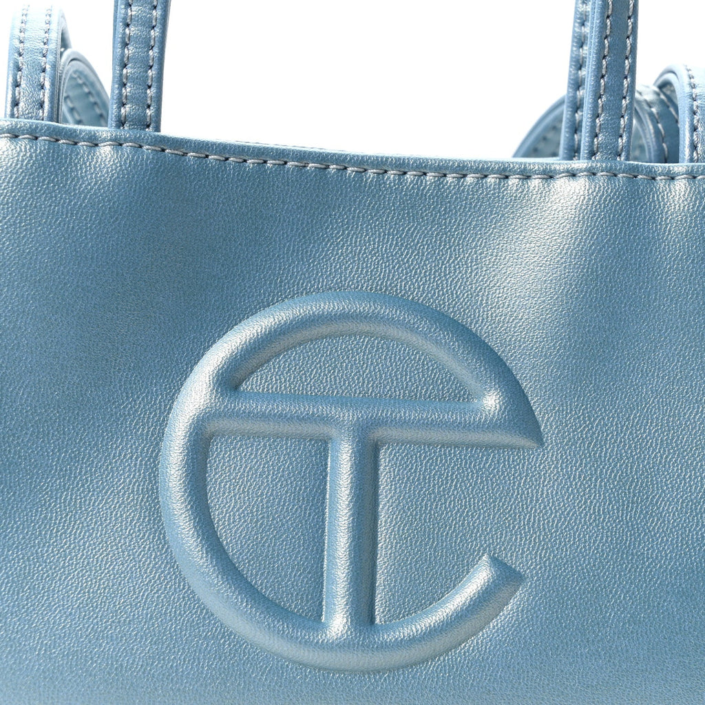 Metallic Vegan Leather Small Shopping Bag Blue Ray