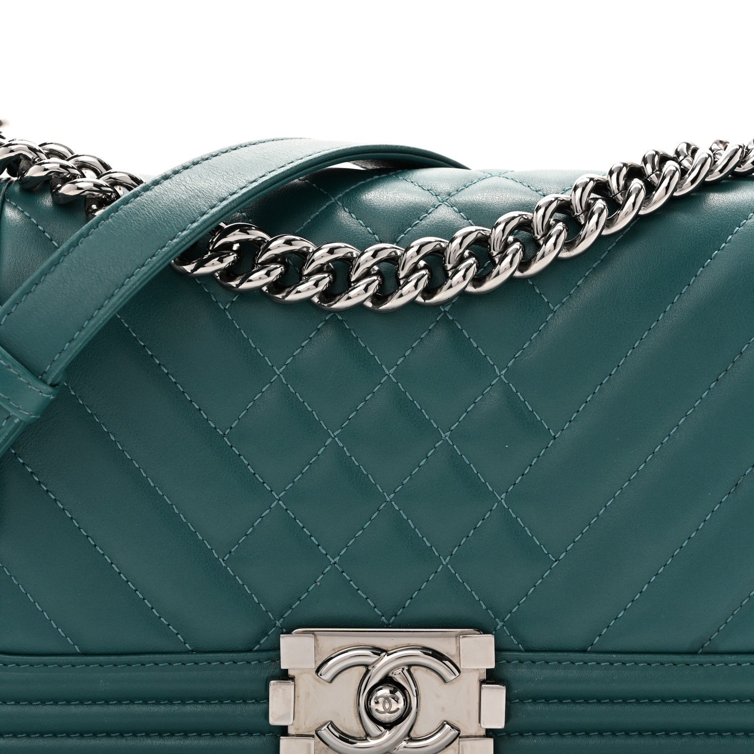 Calfskin Chevron Quilted Medium Boy Flap Turquoise