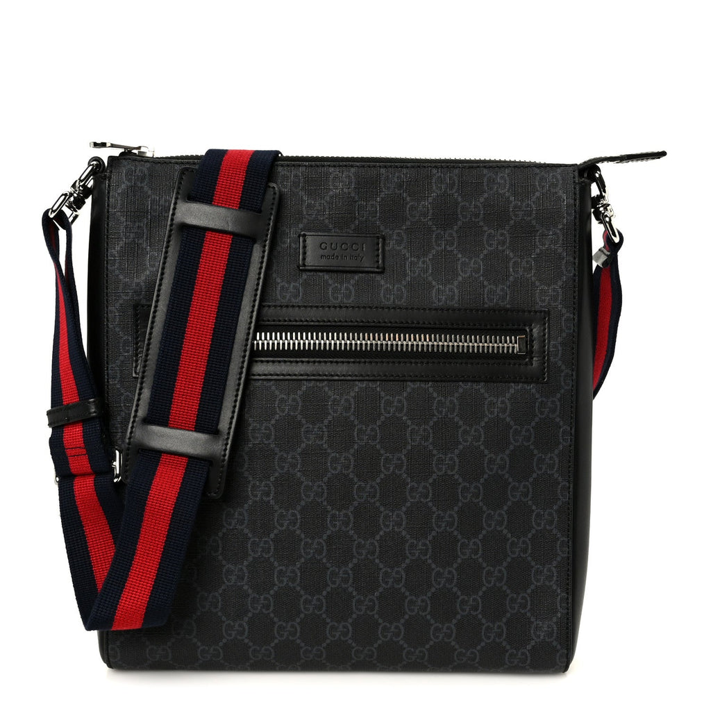 GG Supreme Monogram Appia Calfskin Web Flat Messenger Bag Black Grey Black Grey