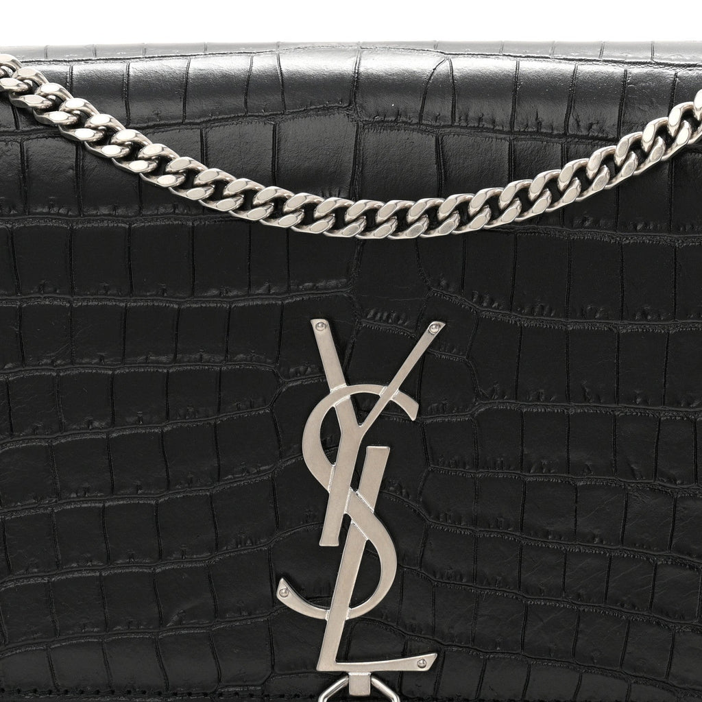 Calfskin Crocodile Embossed Medium Classic Monogram Kate Tassel Satchel Black