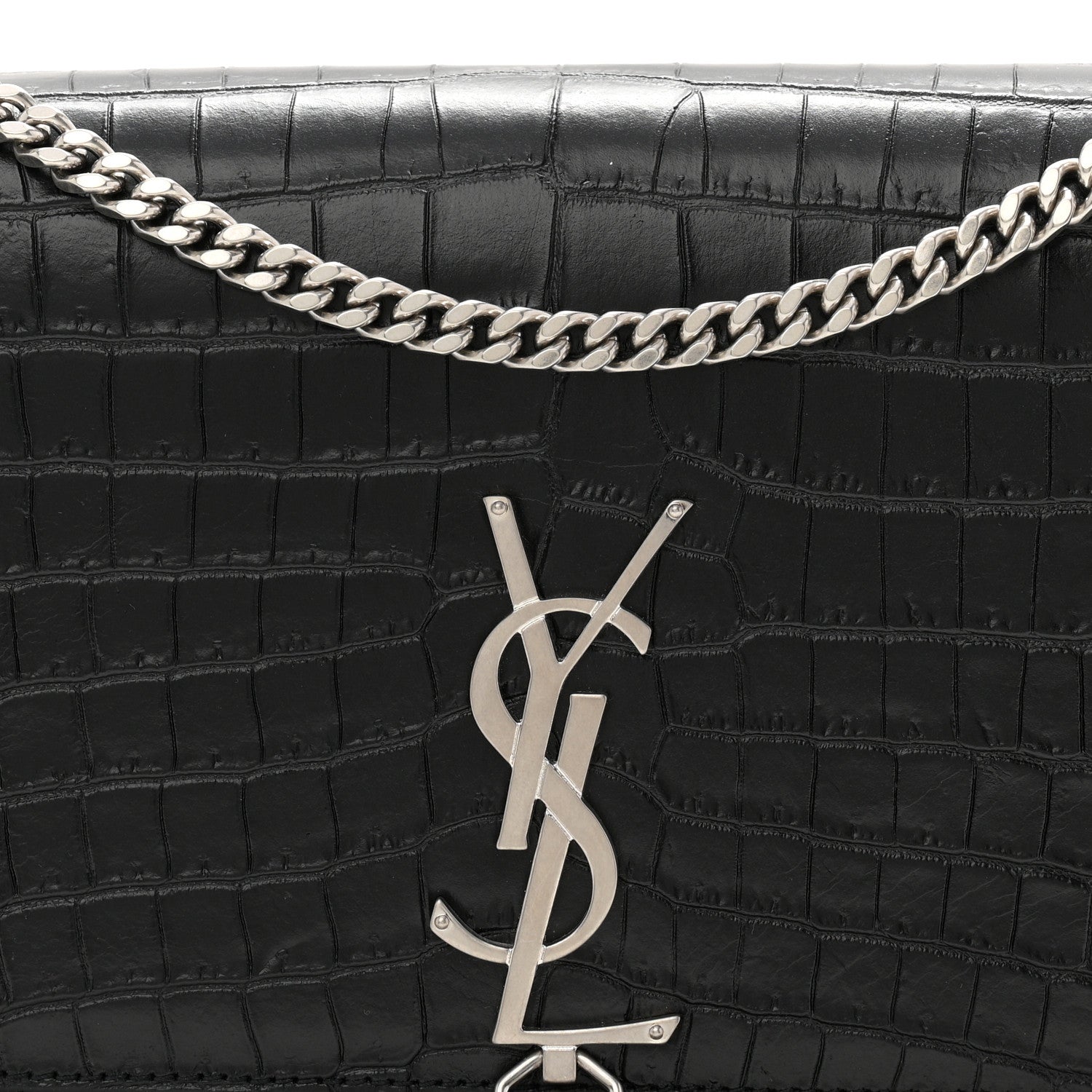 Calfskin Crocodile Embossed Medium Classic Monogram Kate Tassel Satchel Black
